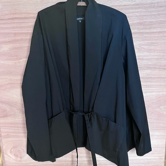 Lafayette 148 New York black jacket XL cotton blend bow tie lagenlook pockets - Picture 1 of 7